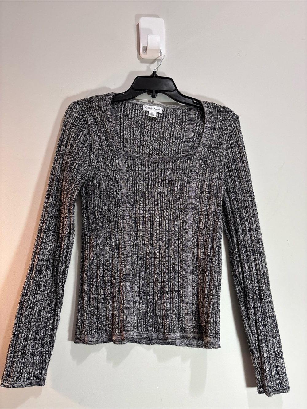 Calvin Klein Long Sleeve Ribbed Square Neck Top - Black/Gray. 1369
